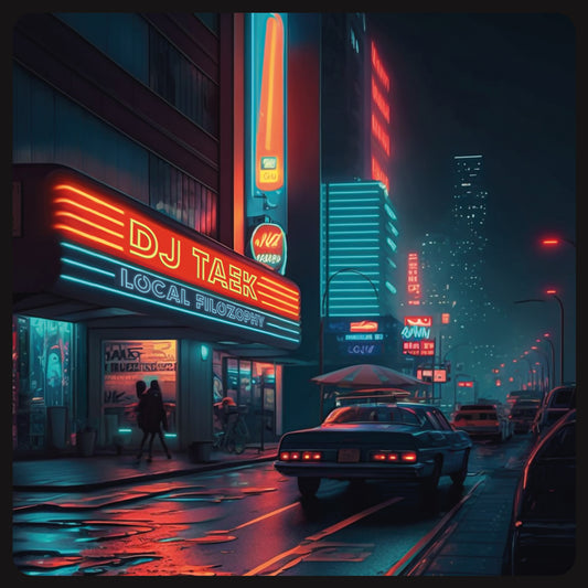 DJ TAEK - LOCAL FILOZOPHY LP Vinyl cover featuring a neon-lit cityscape with a retro-futuristic vibe.