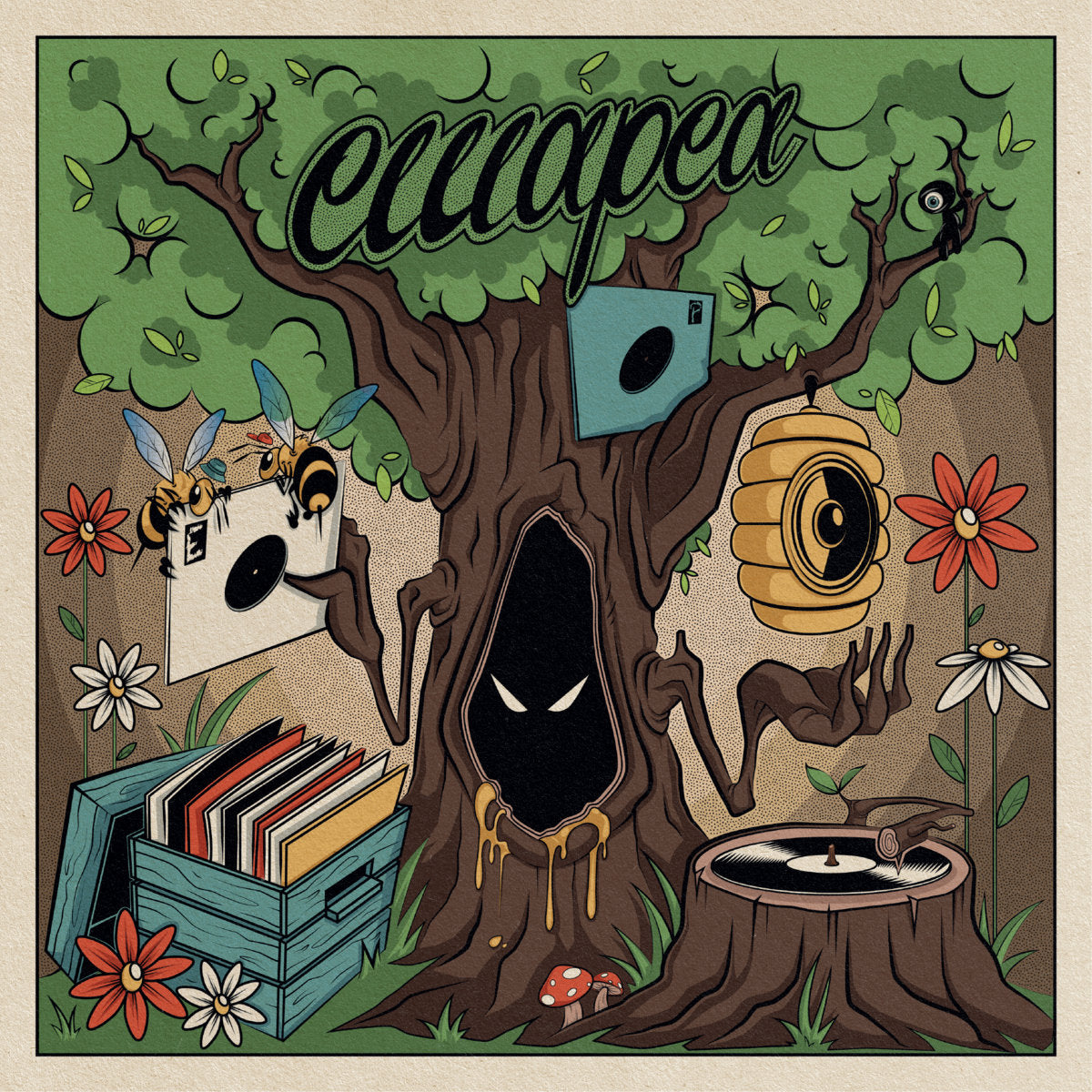 Emapea - Bees, Trees and Flowers album cover featuring an illustrated mystical tree with vinyl records, bees, and turntable elements in a surreal forest setting.