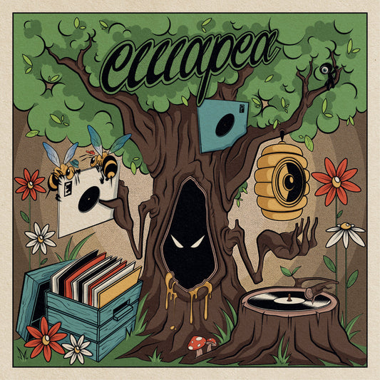 Emapea - Bees, Trees and Flowers album cover featuring an illustrated mystical tree with vinyl records, bees, and turntable elements in a surreal forest setting.