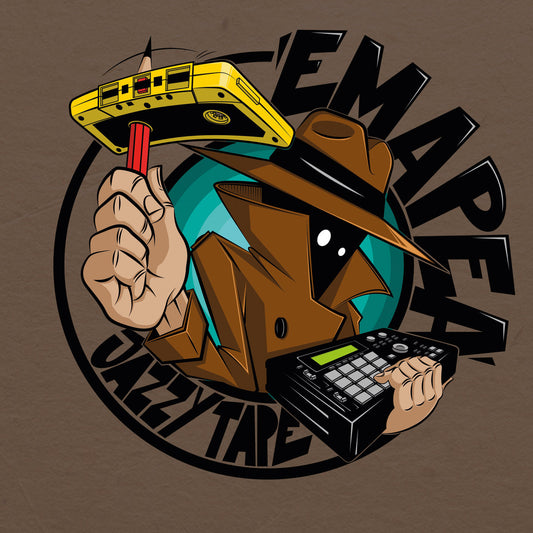 Emapea - Jazzy Tape (Digital Version) album cover featuring a mysterious figure in a trench coat holding a yellow cassette and a beat machine, designed by PETION.