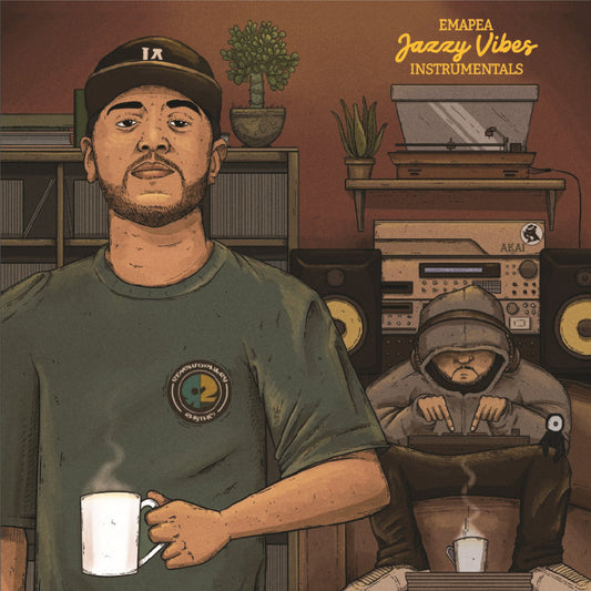 Emapea - Jazzy Vibes Instrumentals album cover featuring an illustrated producer working on a beat machine, surrounded by vintage vinyl records, turntables, and studio equipment in a cozy setting.