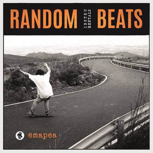 Emapea - Random Beats Wax Edition album cover featuring a black and white photograph of a skateboarder riding on a curving road, evoking a nostalgic, vintage aesthetic.